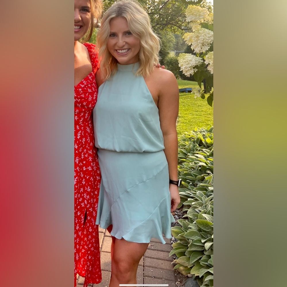 Asymmetrical Flare Halter Mini Dress in Beachglass